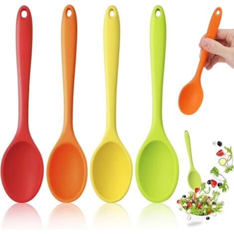 4Pcs Antiadhésive Cuillère en Silicone Cuisine à Long Manche,Multicolore en Silicone Cuillère de Cuisine, Petite Cuillère Silicone