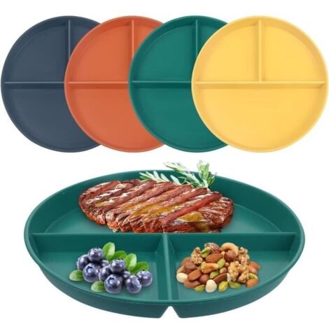 4PCS Assiettes en 3 Divisées en Plastique, 23CM Incassables Contrôle des Portions Assiettes, Assiette à 3 Compartiments