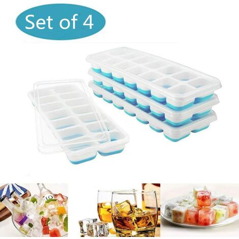 4Pcs Bacs à Glaçons en Silicone+PP Plateaux de 14 Ice Cubes avec Couvercles Moule de Glaçon pour Bière Whisky Cocktail d'Autre Boisson Bleu