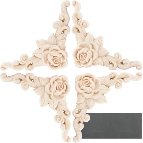 4PCS Bois Sculpté de Rose Fleur Applique en Bois non Peint Moulure Décorative avec Papier Abrasif Cadre Coin Onlay pour Porte Meubles Cabinet Mural Armoire Décor Maison 8 x 8cm