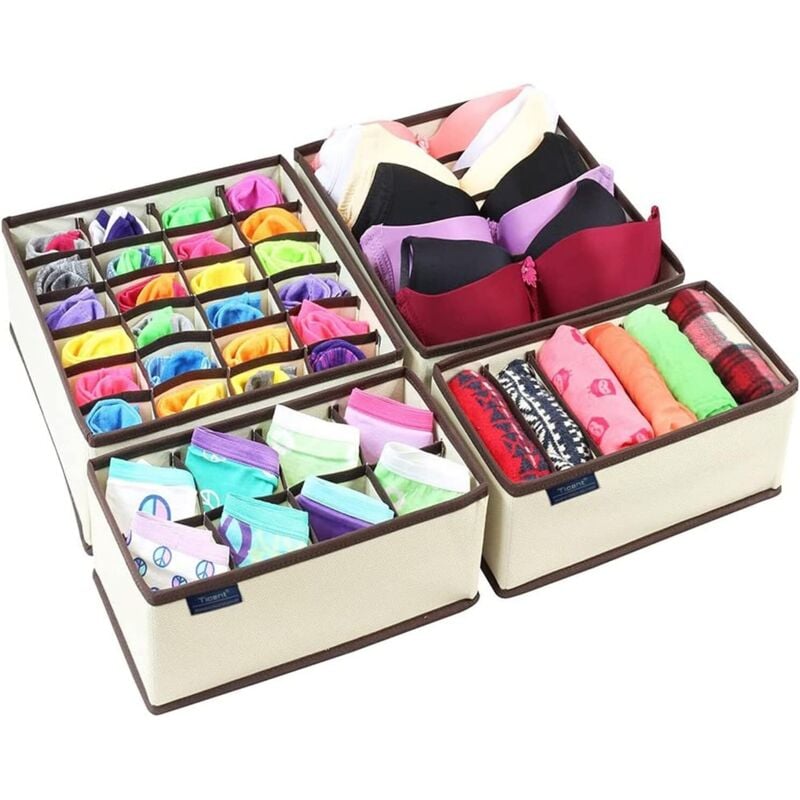 Lot de 4 rangements pliables pour tiroir - Pour sous-vêtements, chaussettes, cravates, écharpes et mouchoirs - Boîtes avec cloisons de séparation