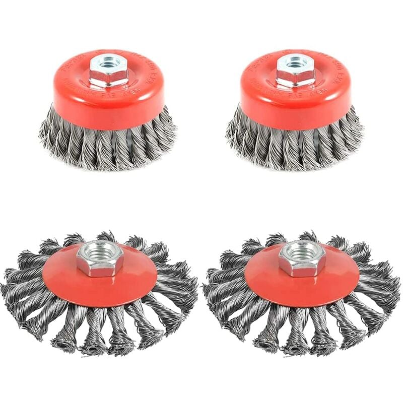 4pcs Brosse Métallique Nettoyage, Brosse Conique pour Meuleuse d'angle, Brosse de Ponçage en acier Torsadé, Diamètre de 75 mm et 100 mm, M14