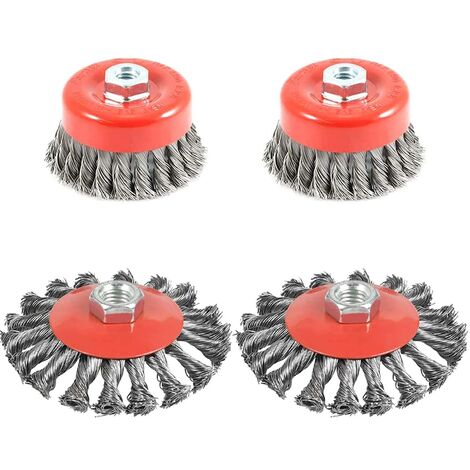 4pcs Brosse Métallique Nettoyage, Brosse Conique pour Meuleuse d'angle, Brosse de Ponçage en acier Torsadé, Diamètre de 75 mm et 100 mm, M14
