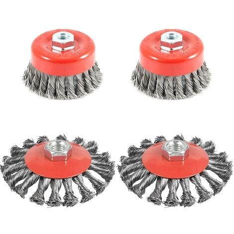 4pcs Brosse Métallique Nettoyage, Brosse Conique pour Meuleuse d'angle, Brosse de Ponçage en acier Torsadé, Diamètre de 75 mm et 100 mm, M14