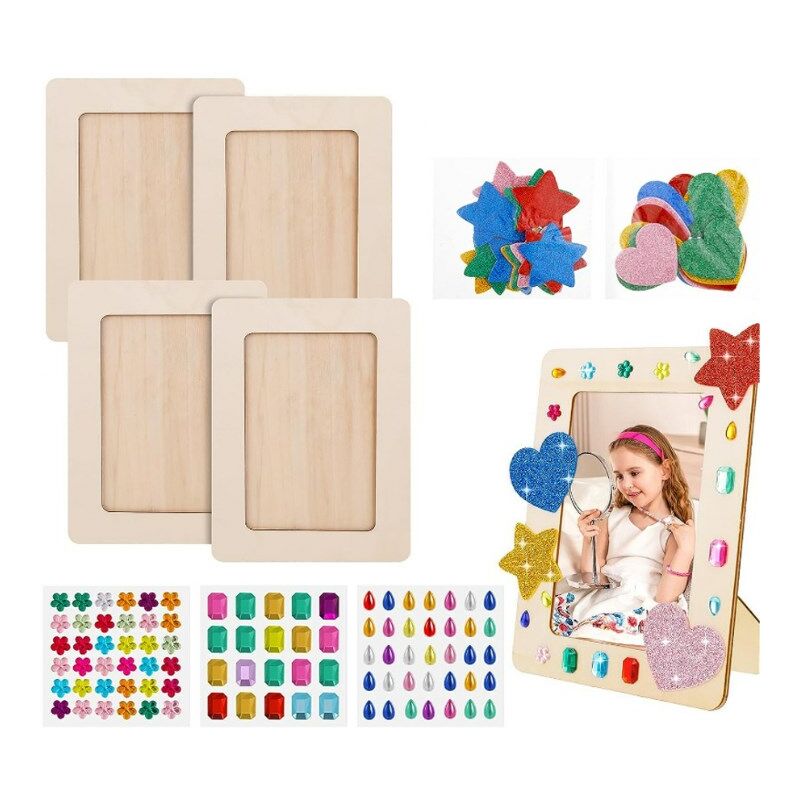 Csparkv - 4Pcs Cadres Photo en Bois A6, 14x19cm Cadre Photo en Bois Vierge, diy Cadre Photo avec des Autocollants en Forme de Diamant et Poudre D'or