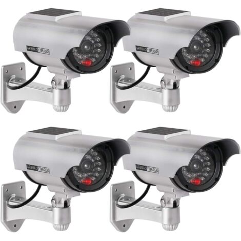 4Pcs Caméra Factice Intérieur Extérieur Solaire, Étanche, Fausse Caméra de Surveillance CCTV avec Lumière LED Rouge Clignotante (Argenté)