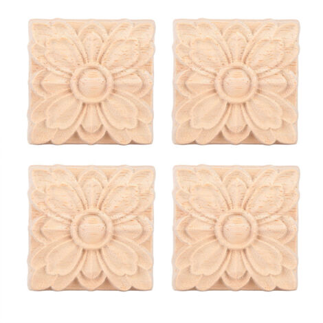 4Pcs Carved Flower Square Onlay Applique Door Cabinet Unpainted Furniture Decor(2)
