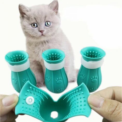 4pcs Cat Foot Anti-Scratch Boots, Silicone Beauty and Soft Bath Foot Cover, Adjustable Cat Claw Protector Shoes, Suitable for Home Bathing (Blue)