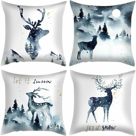 XINUY 4PCS Christmas Themed Cushion Cover, Christmas Pillowcase, Christmas Cushion Cover, Christmas Pillowcase for Sofa, Christmas Pillowcase Cushion Cover (Light Blue)