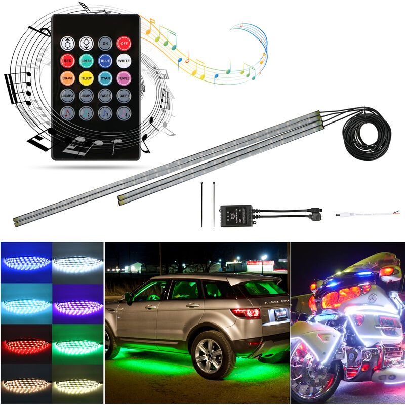 

4Pcs Coche LED Neon Undercar Glow Light Underglow Decorativo Atmósfera Bar Luces Kit Tira, 5050 SMD Sistema de debajo de la carrocería de tubo