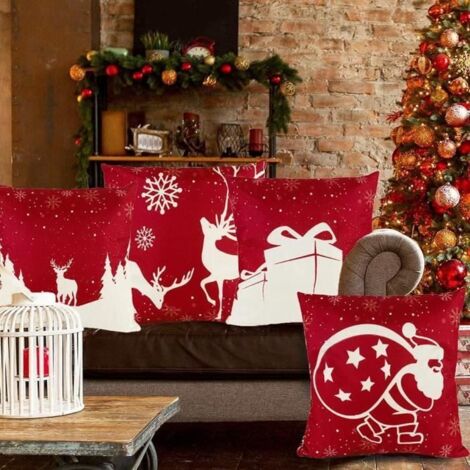 4pcs Coussin Decoration Canapé Noel 45x45 Cm Deco Housse Decoratifs pour Canapes Interieur Christmas Salon Maison Noël élans