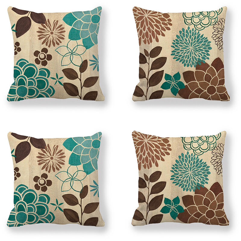 4pcs Cushion Cover Linen Pillowcase (Coreless) 18x18 Inch (Blue Brown Flower)