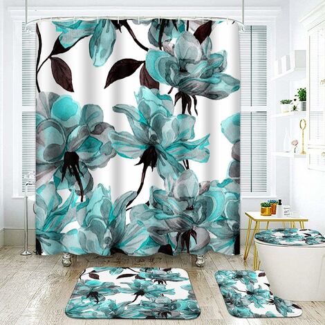 4pcs ensemble de rideau de douche fleurs roses aquarelle fleur bleue abstraite vintage rétro belle avec des tapis antidérapants couvercle de couvercle de toilette et tapis de bain ensemble de décorati
