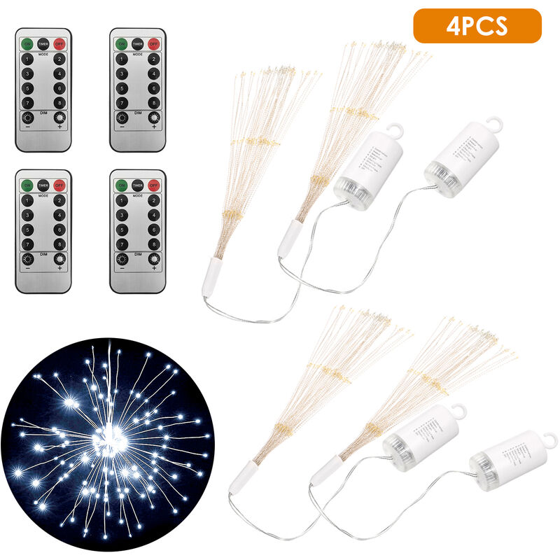 

4PCS Fireworks Light 150 LEDs Cadena de luces navidenas con control remoto Lampara colgante decorativa Starburst, blanco, 4pcs