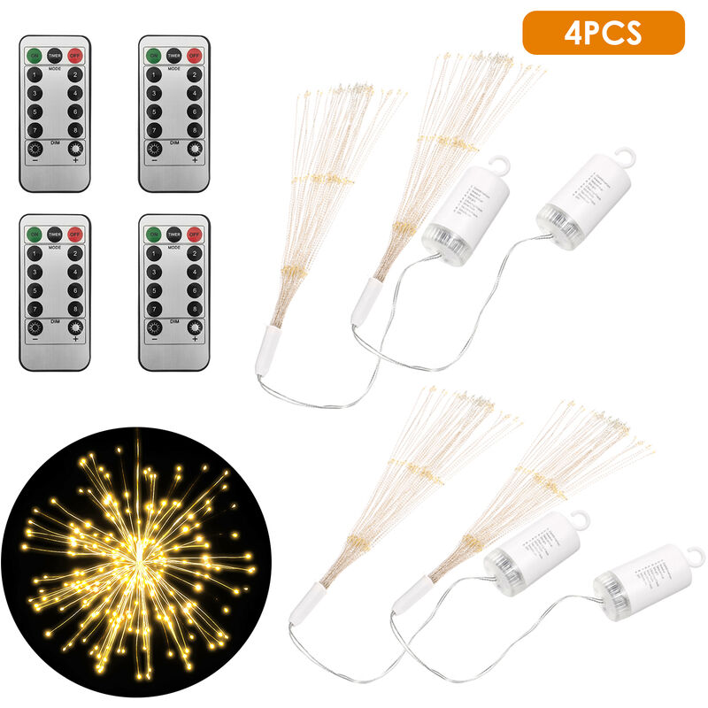 

4PCS Fireworks Light 150 LEDs Cadena de luces navidenas con control remoto Lampara colgante decorativa Starburst, blanco calido, 4pcs