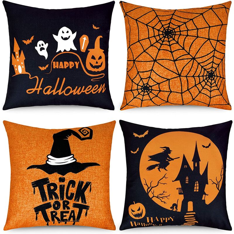 

4pcs Funda de almohada de Halloween Funda de almohada decorativa Funda de cojín para Halloween Trick Gold Treat Bruja Calabaza Gato Regalo Lino Throw