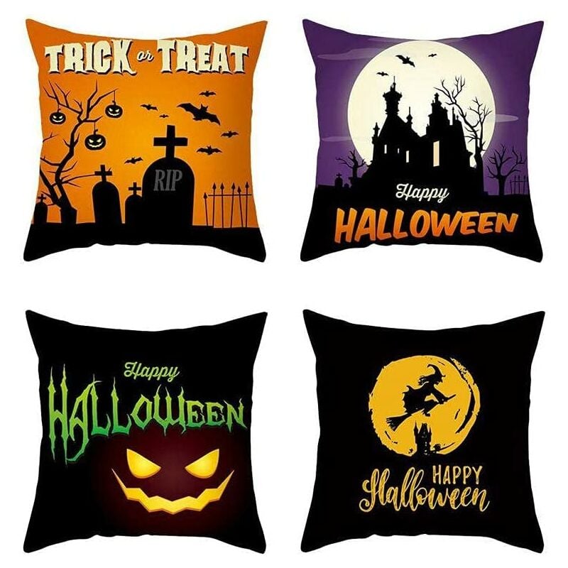 

4pcs Funda de almohada de Halloween Funda de almohada decorativa Funda de cojín para truco de Halloween Regalo dorado Bruja Calabaza Gato Regalo