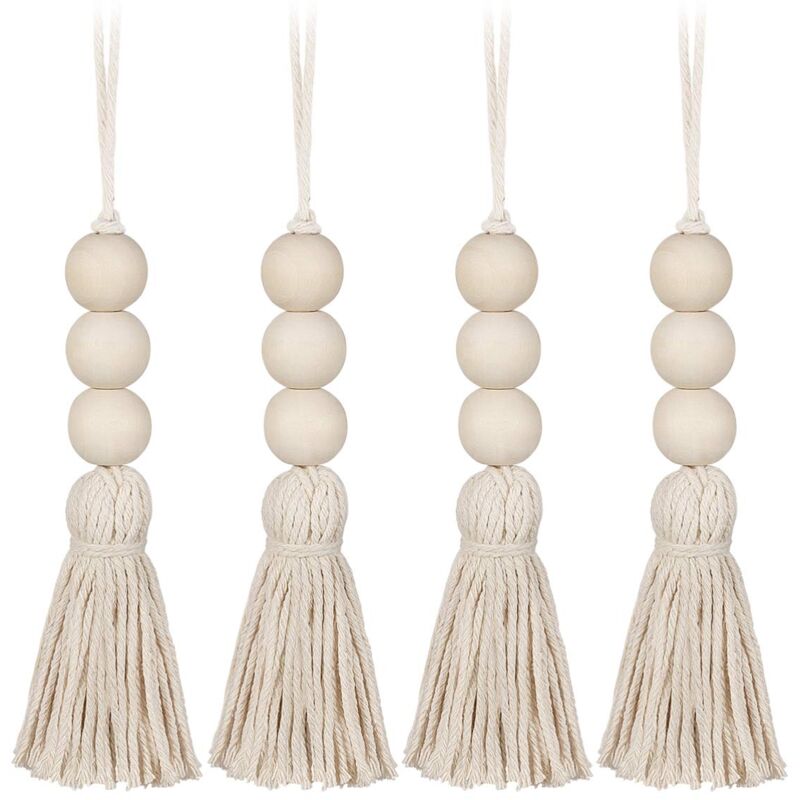 4Pcs Gland Perles en Bois Ferme Perles Glands Perles de Prière Naturelles Coton Ligne Décorative Tenture Murale Pompon Perle Pendentif pour Placard