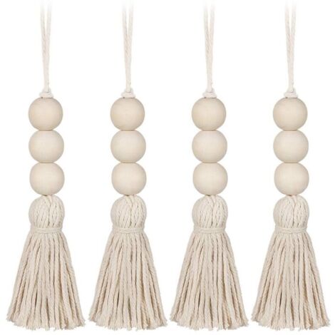 4Pcs Gland Perles en Bois Ferme Perles Glands Perles de Prière Naturelles Coton Ligne Décorative Tenture Murale Pompon Perle Pendentif pour Placard Armoire Porche
