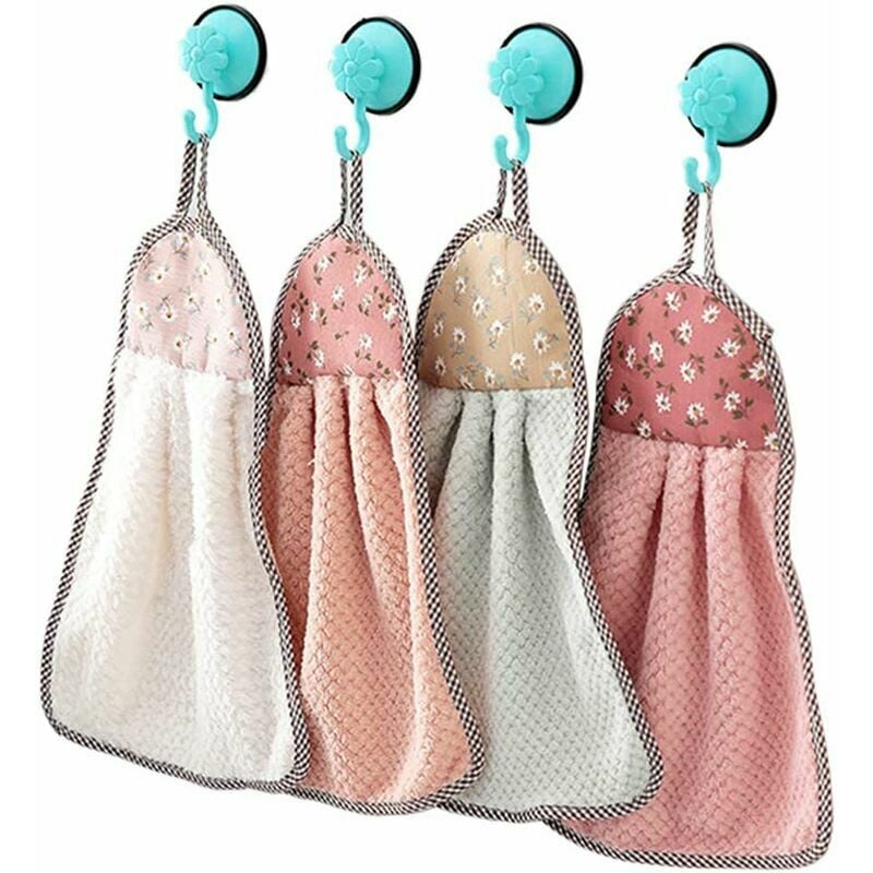 4pcs Hanging Hand Dry Towel, Thick Coral Velvet Hand Towel Quick Drying Soft Cloth Towel for Kitchen Bathroom (23x37 cm)