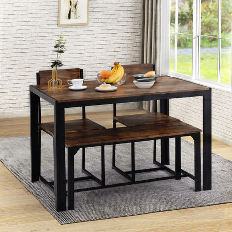4pcs Home Dining Table and 2x Chairs & Bench Set Industrial Style Retro Kitchen Dining Table Set Home Furniture