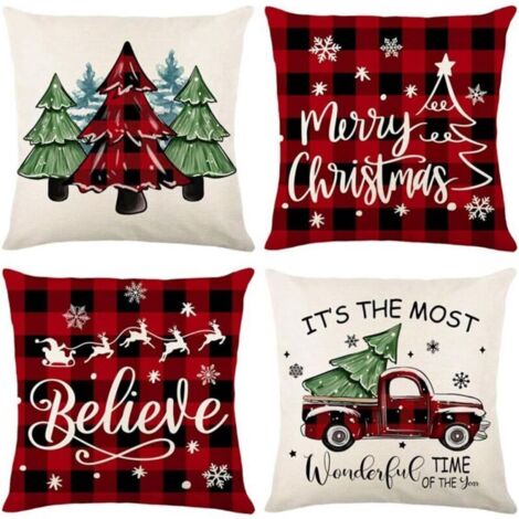 4pcs Housse Coussin Noël, Rouge et Blanche Housse de Coussin Noel 45x45cm, avec Motifs Tartan Rouge et Noir, Sapins de Noël, Lin Taie de Coussin Noel pour Décorer Lit, Canapé, Chambre, Salon