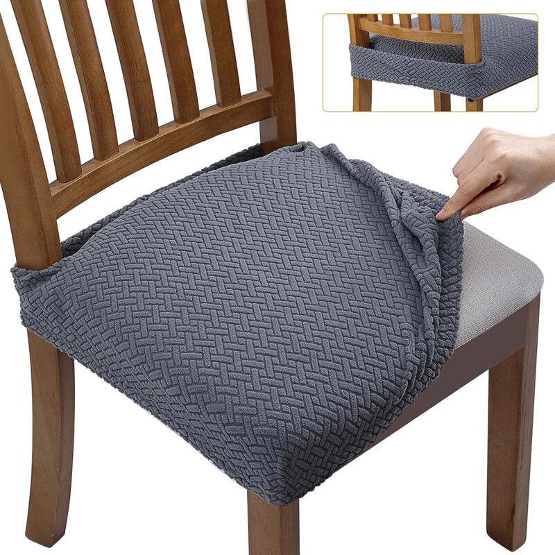 4PCS Housse de Chaise Siege Extensible Gaufrée Jacquard Amovibles Lavables pour Salle à Manger Cuisine Bureau Hôtel (avec Sangles de Dossier)
