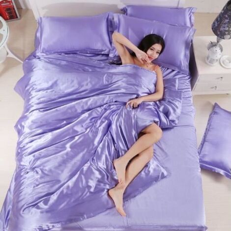 4PCS Housse de Couette 2 Personnes Parure de Lit en Soie 220240CM Violet Clair