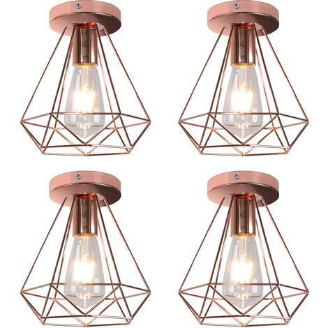 4PCS Lampada da Soffitto Industriale Gabbia Diamante in Metallo Retrò Lampadario E27 per Balcone, Corridoio, Ingresso Oro Rosa