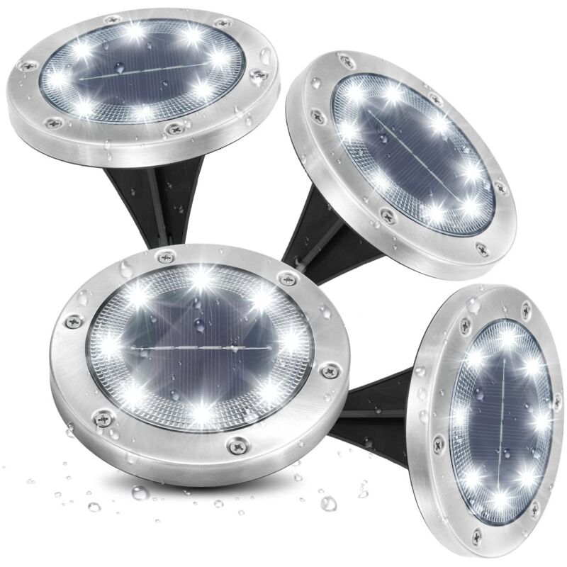 4PCS Lampe Solaire Extérieur Jardin, Spot Solaire Extérieur Encastrables 8 LEDs au Sol Éclairage 6000K Blanc Froid Étanche IP65 Luminaire de Jardin
