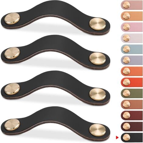 4pcs Leather Furniture Handle (Black, 96mm), Cabinet Door Knob Leather Handle Drawer Knob, Vintage Furniture Handle for Cabinets, Dresser, Kitchen, Bathroom