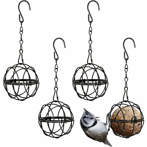 4pcs Mangeoires Oiseaux à Suspendre en Métal Porte Boule de Graisse à Oiseaux Intérieur Extérieur Noir 7cm de Diamètre Distributeur Nourriture
