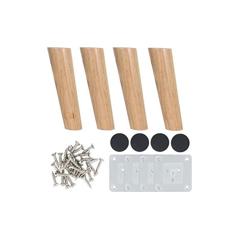 4pcs Pieds de Meuble 20 cm en Bois Pieds de Canapé Bois avec Plaque de Montage Vis et Tapis antidérapant Pieds de Meuble Bois Incliné pour Lit