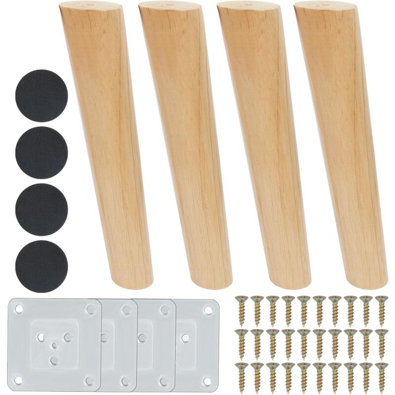 4pcs Pieds de Meuble en Bois 25cm Pieds de Rechange en Bois Pieds de Canapé de Conception inclinée Pieds de Meubles Massif avec Accessoires pour