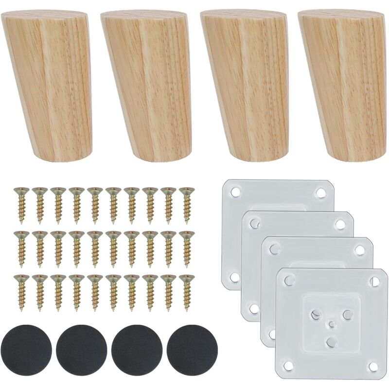 4pcs Pieds de Meuble en Bois Inclinés Pieds de Rechange en Bois 8cm Pieds de Canapé en Bois Pieds de Meubles Massif avec Accessoires pour Fauteuil,