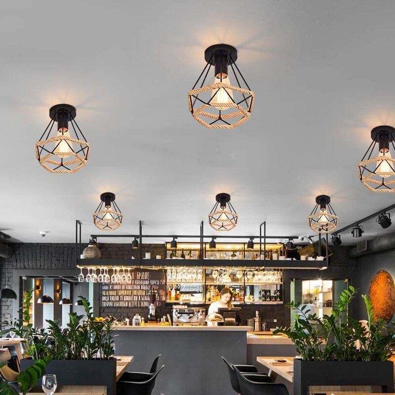 4PCS Plafonnier en Métal et Corde de Chanvre Cage Diamant E27 Rétro Industrielle Lustre Suspension pour Couloir Escalier Chambre Noir
