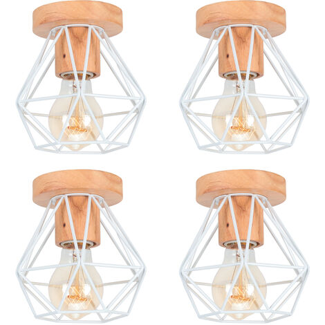 4PCS Plafonnier Vintage Rétro E27 Lampe de Plafond Cage Diamant en Bois et Fer Blanc
