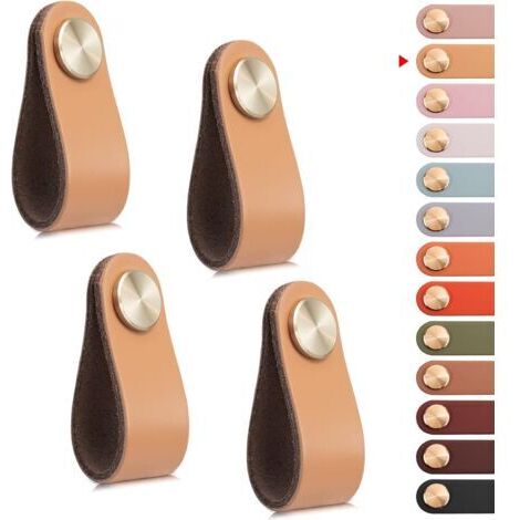 4pcs Poignée Meuble Cuir, Bouton Porte Placard Poignee Cuir Bouton de Tiroir, Poignee de Meuble Vintage pour Armoires, Commode, Cuisine, Salle de Bain (Beige, Monotrou)