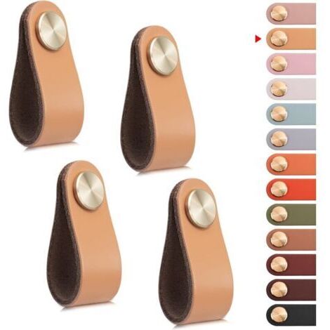 4pcs Poignée Meuble Cuir, Bouton Porte Placard Poignee Cuir Bouton de Tiroir, Poignee de Meuble Vintage pour Armoires, Commode, Cuisine, Salle de Bain (Beige, Monotrou)