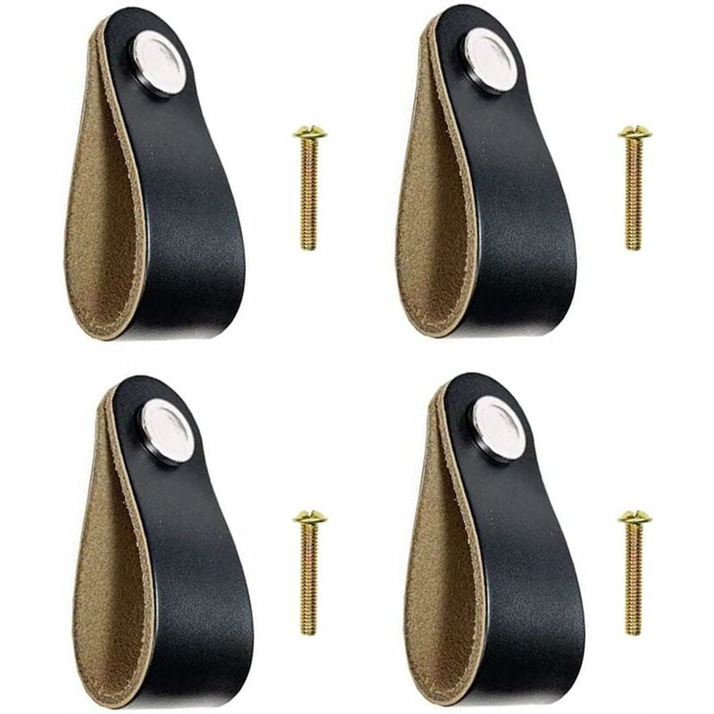 Ersandy - 4pcs poignées en cuir poignées de tiroir en cuir boutons de placard en cuir noir avec vis pour placard de cuisine meubles armoire commode