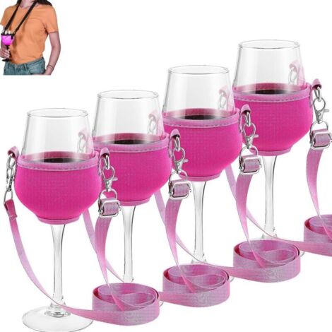 4Pcs Porte-Verre à Vin pour Cou avec Lanière Support,Support de Verre à Vin à Porter Autour du Cou,pour Maison Pub Restaurant Anniversaire Mariage Fête (Verres à vin non inclus)(Rose)