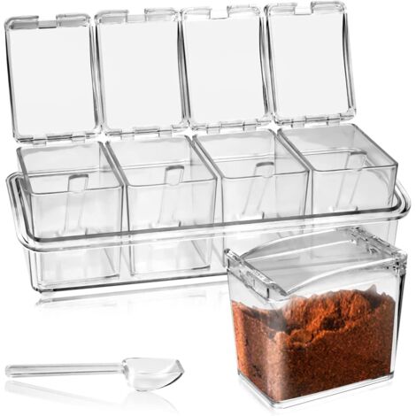 4PCS Pot à Épices avec Cuillère en Plastique Pots à Épices Transparent Assaisonnement boîte à condiment Box Set Boite Assaisonnement Acrylique Boîte à Bouteilles d'Épice Bocaux à Épices Cuisine