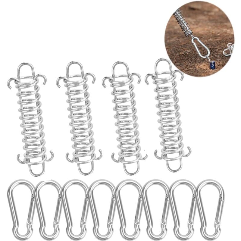 4PCS Ressort Voile d'Ombrage et 8PCS Petit Mousqueton, Fixation Voile d'Ombrage Boucle Corde Ressort pour Tente Camping en Plein Air Randonnée Voyage