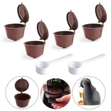 4Pcs Réutilisables Filtres Capsules De Café Expresso Avec 2 Cuillères Pour Dolce Gusto Nescafe Marron L10674
