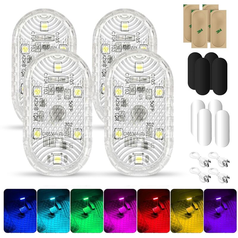 4Pcs RGB Éclairage Intérieur de Voiture,Lumière Voiture Interieur Tactile Lampe Voiture Intérieur,LED Voiture Interieur 7 Couleurs,Tactile Plafonnier