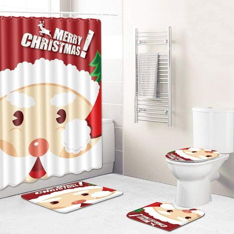 4PCS Rideau et tapis de douche Grand Visage Père Noël Tapis de douche antidérapant Résistant à l'humidité Rideau de douche Tabouret Tapis Décoration de Noël (L)