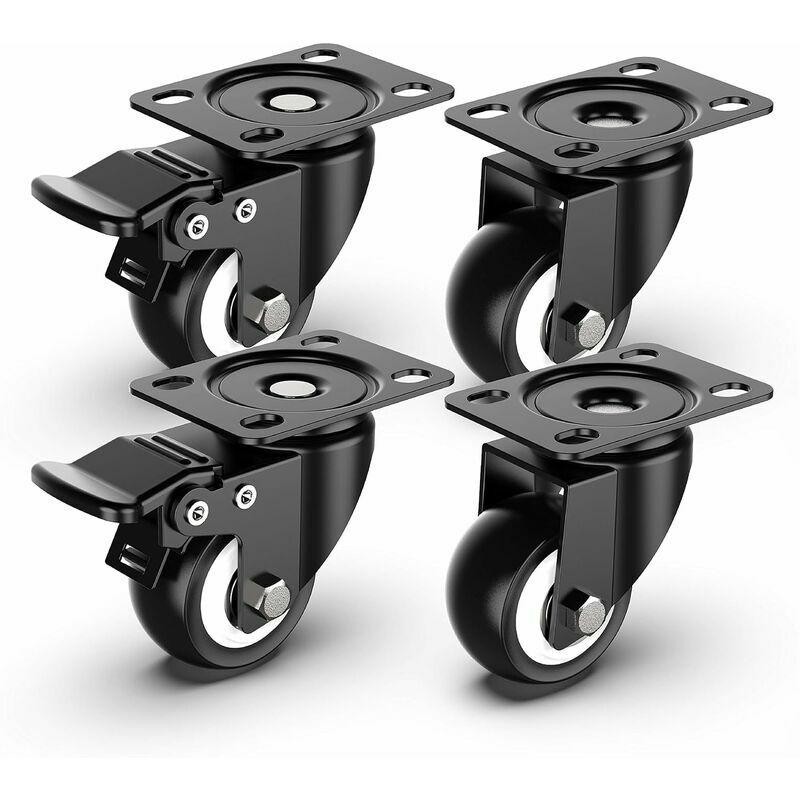 4pcs Roulettes Pivotantes de 50mm Roulettes pour Meubles avec frein pour charges lourdes, Capacité totale de 250KG - 2 avec frein et 2 sans