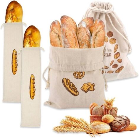 4Pcs Sac a Pain, Sac à Pain Réutilisable,Sac a Pain Tissu, Sac en Lin pour Pain, Sac à Baguettes pour Pilons,Poche Conservation