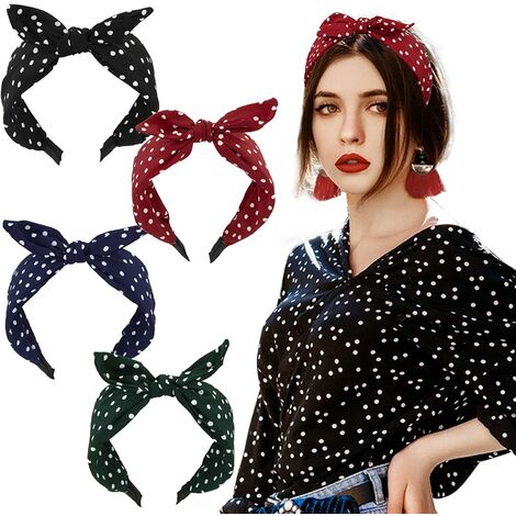 4pcs Serre Tête à Pois en Tissu Bandeau Nœud Cheveux Vintage Headband d’Oreille de Lapin Rouge Vert Noir Bleu Accessoires de Coiffure pour Femmes et Filles