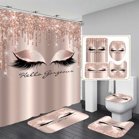 XINUY 4pcs/set Pretty Shower Curtain Eyelash Sparkle Rose Gold Drops Gorgeous Bathroom Decor Waterpro